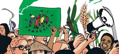 Illustrasjon av mennesker fra hele verden som går i tog. En person holder et flagg med La Via Campesina sin logo. I bakgrunnen ser vi et verdenskart, mais og hvete.  - Foto: La Via Campesina Illustrasjon av mennesker fra hele verden som går i tog. En person holder et flagg med La Via Campesina sin logo. I bakgrunnen ser vi et verdenskart, mais og hvete.  - Foto: La Via Campesina